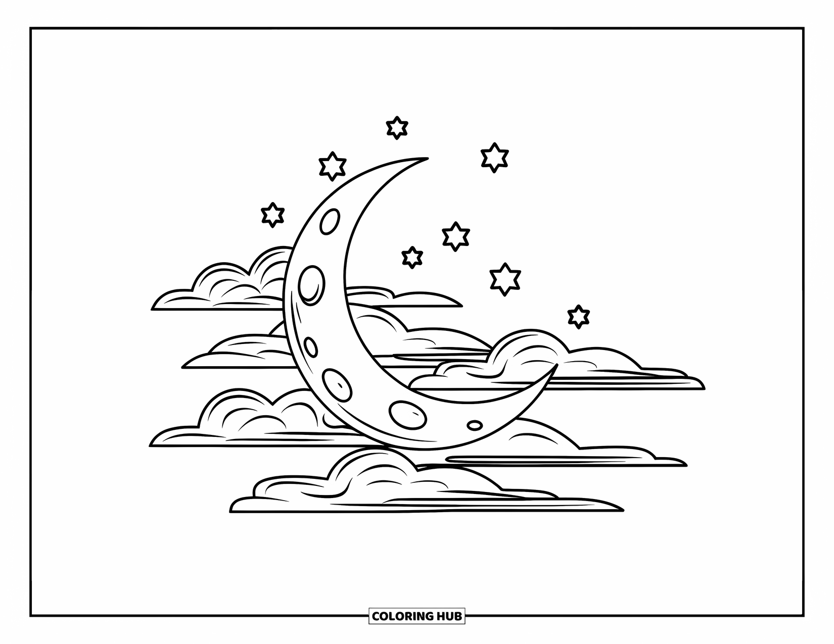 Moon And Stars Coloring Page for Kids: Crescent moon layered with clouds and falling stars