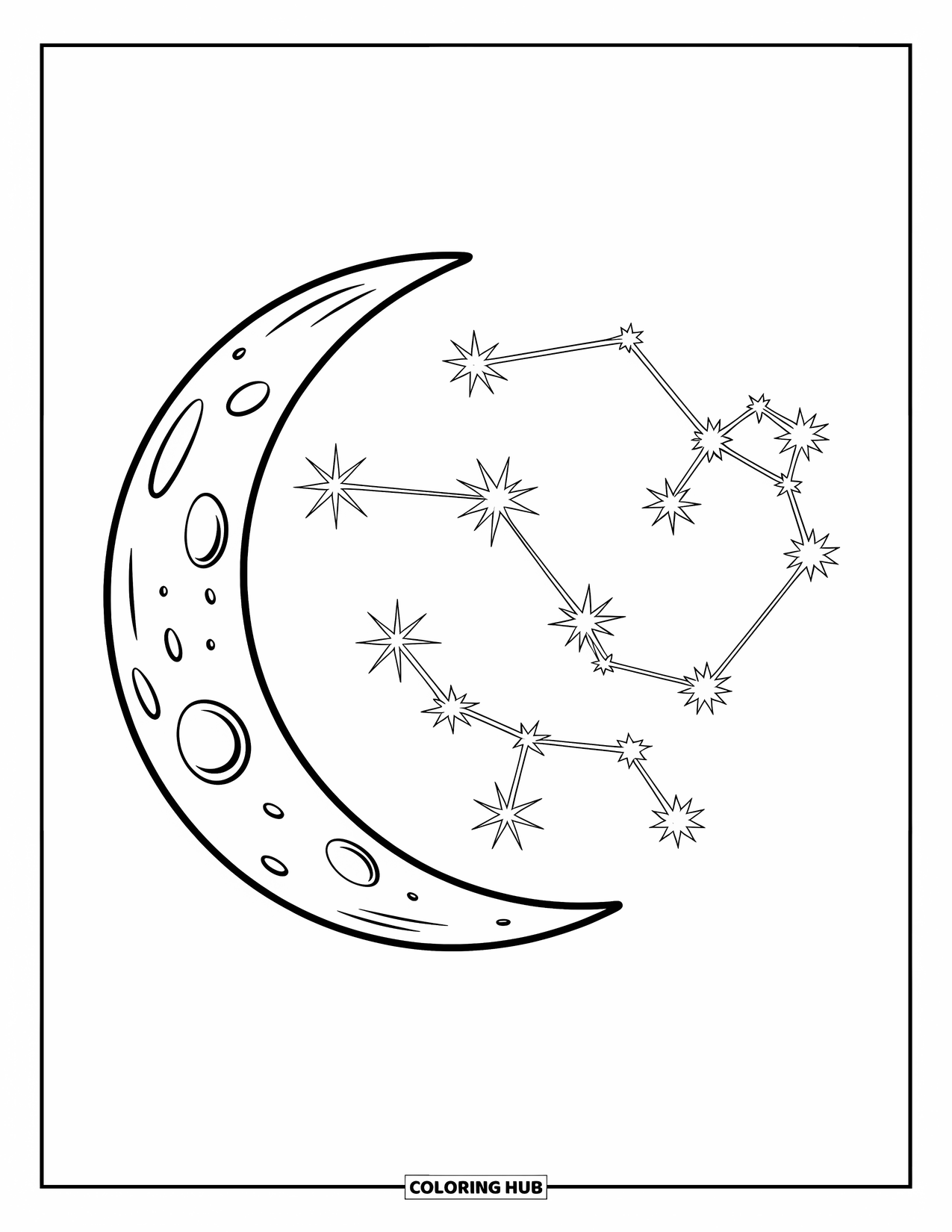 Moon And Stars Coloring Page for Kids: Crescent moon paired with constellations in the sky