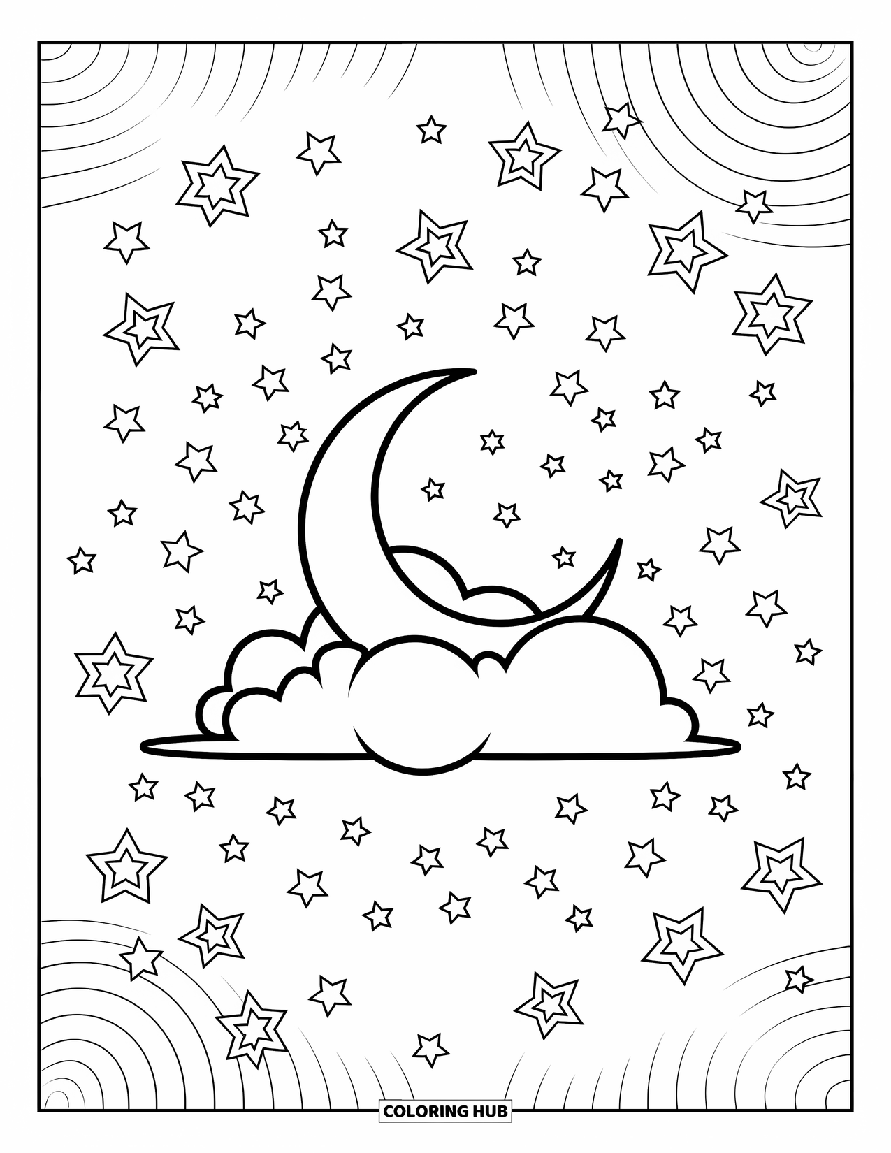 Moon And Stars Coloring Page for Kids: Crescent moon resting on a fluffy cloud with stars