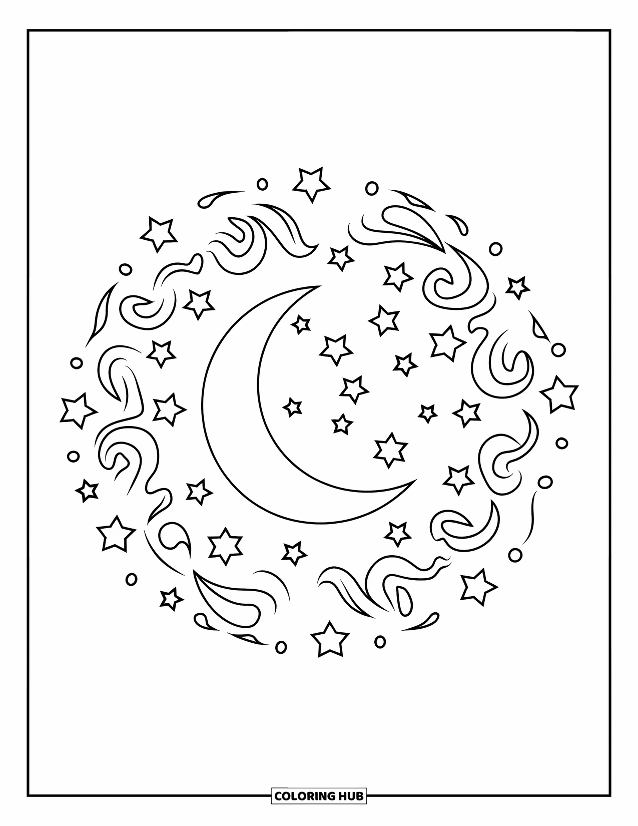 Moon And Stars Coloring Page for Kids: Crescent moon surrounded by stars and swirling patterns
