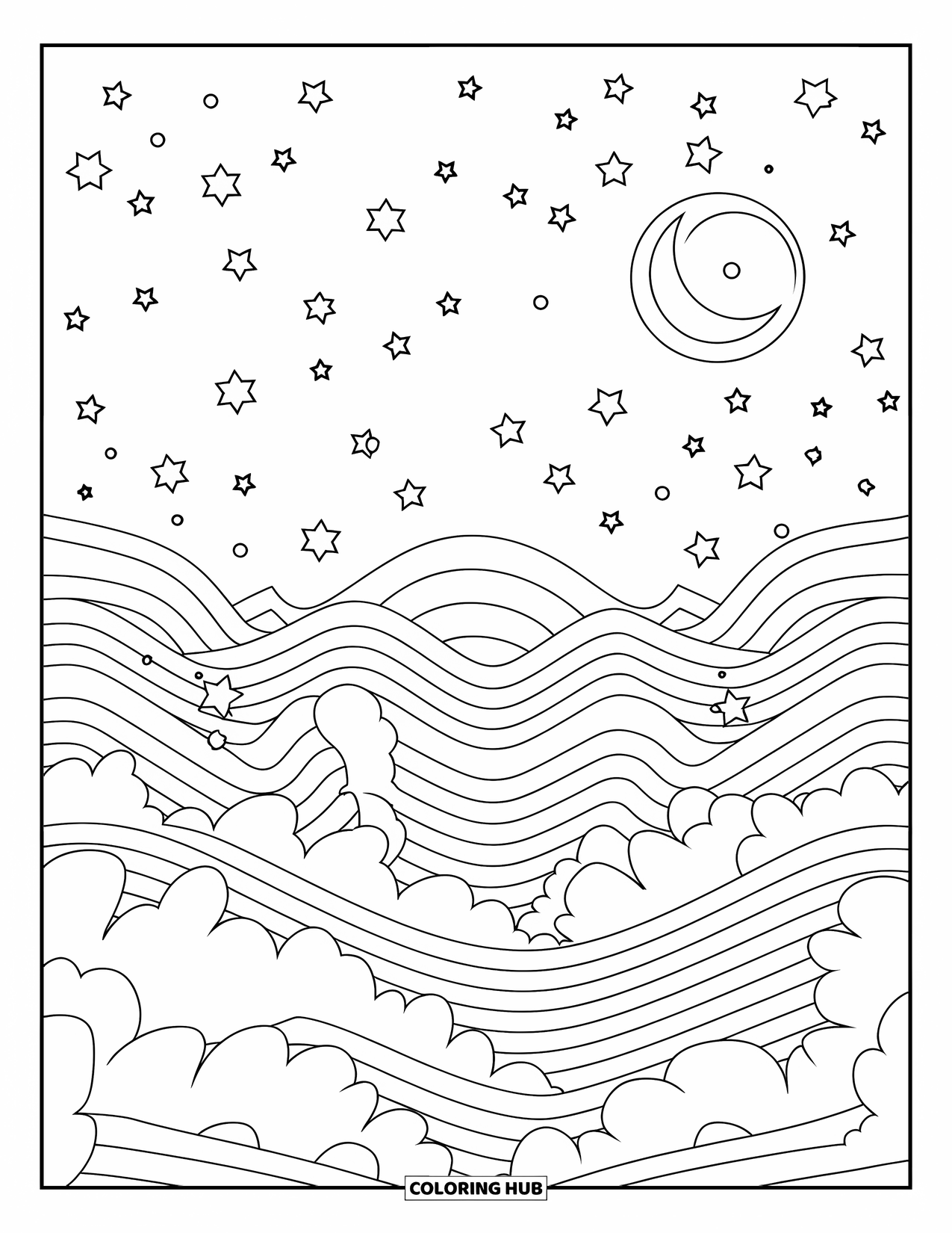 Moon And Stars Coloring Page for Kids: Expressive wave lines with stars and a glowing moon