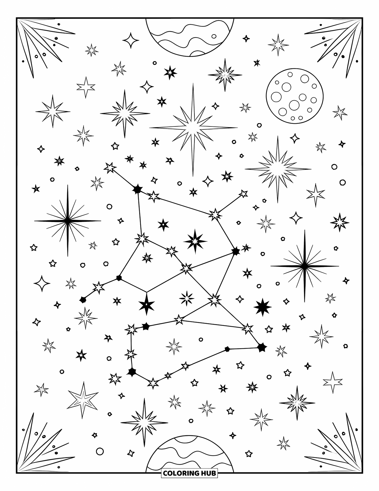Moon And Stars Coloring Page for Kids: Full moon corner with constellations scattered in stars