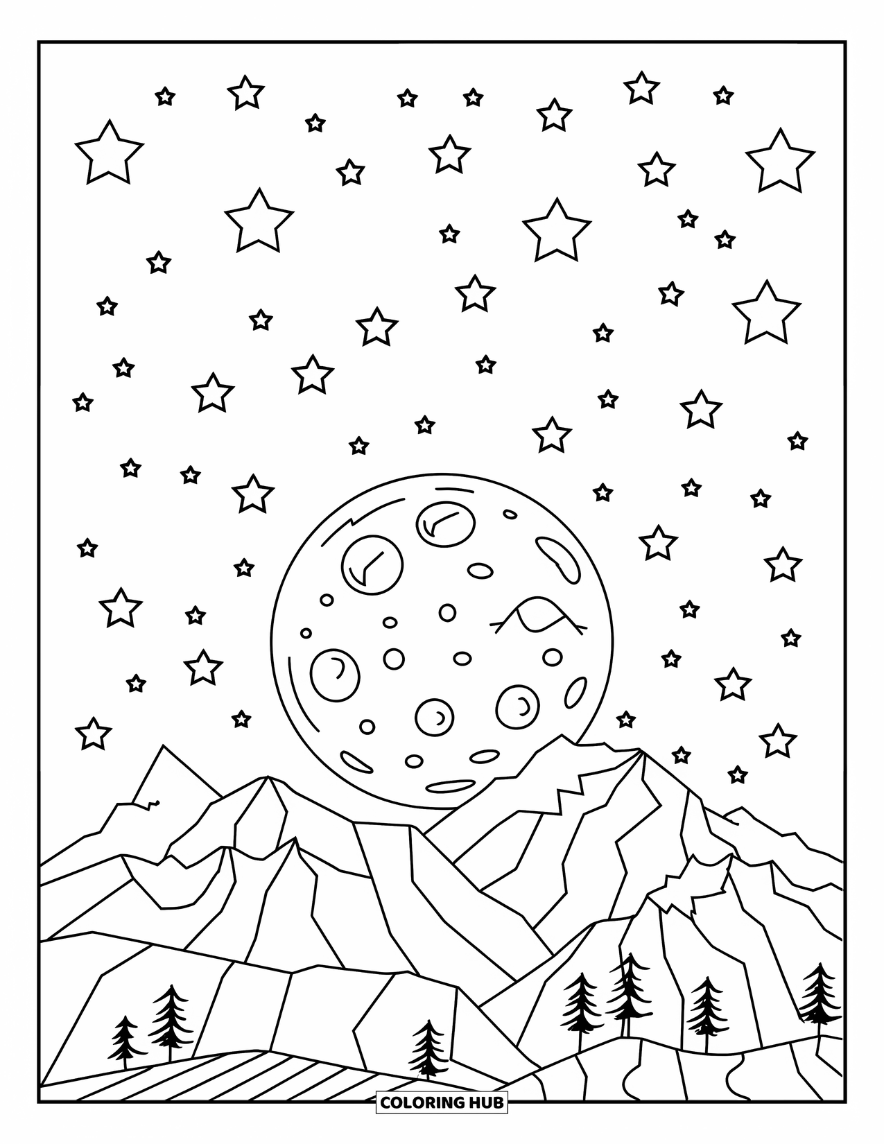 Moon And Stars Coloring Page for Kids: Full moon rising behind mountains and stars