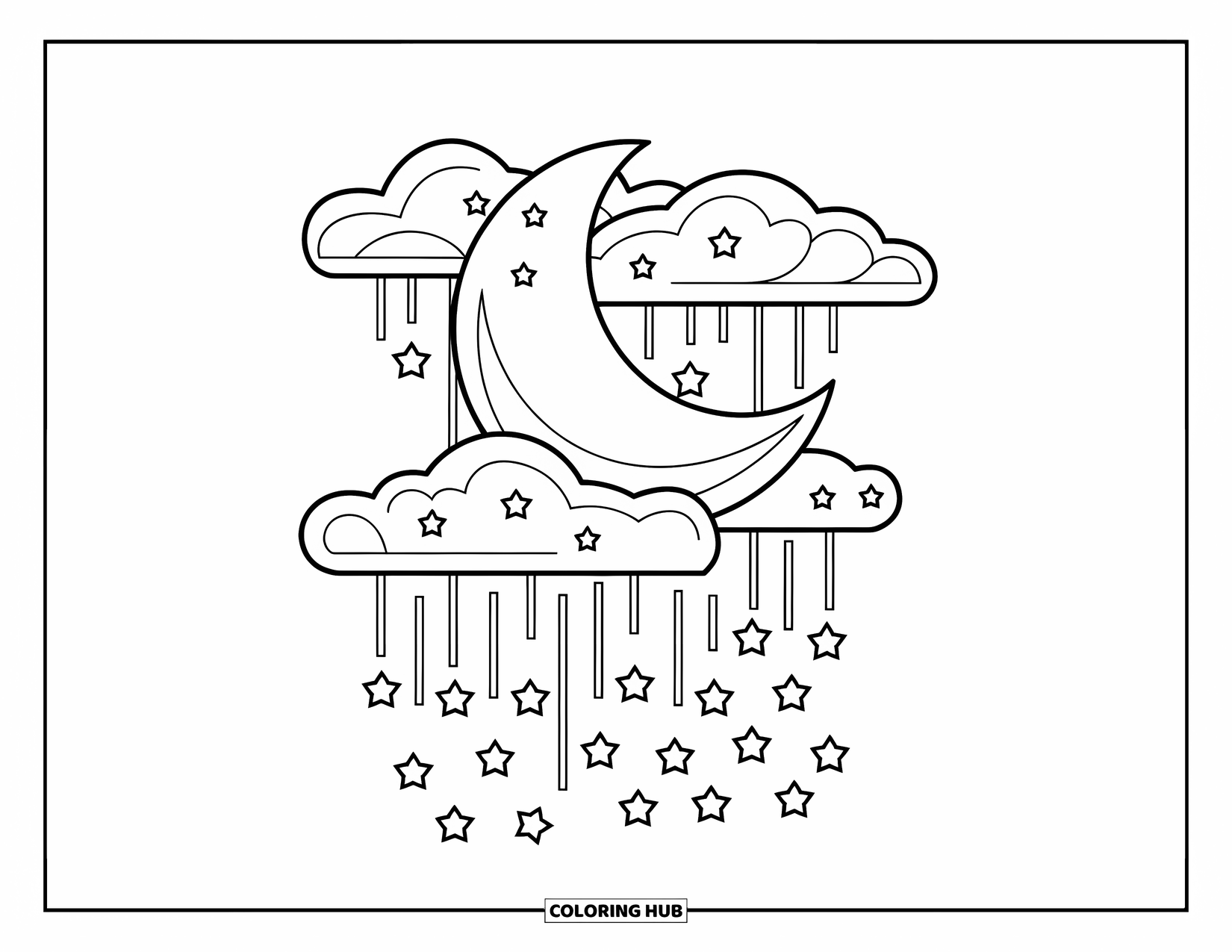 Moon And Stars Coloring Page for Kids: Moon and fluffy clouds with stars falling across sky
