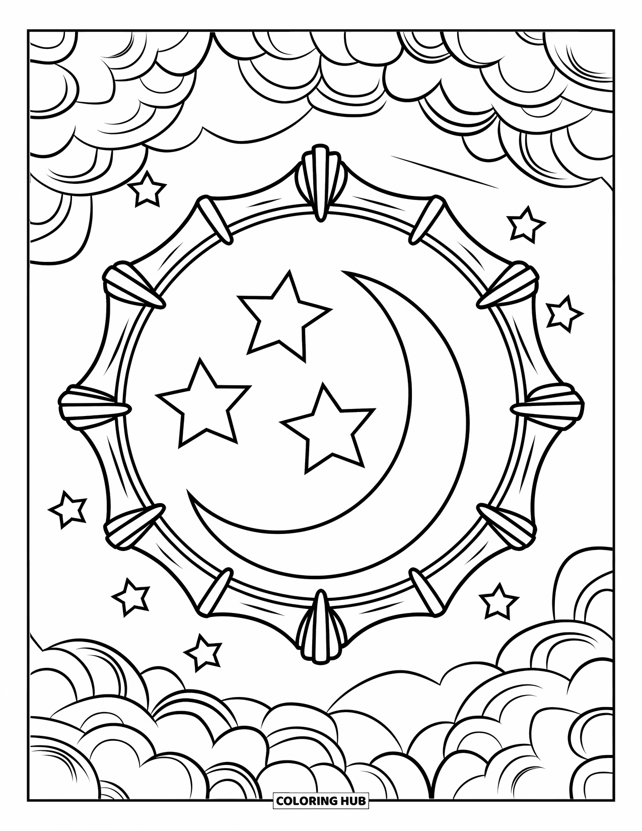 Moon And Stars Coloring Page for Kids: Moon and stars framed inside a rustic sky window