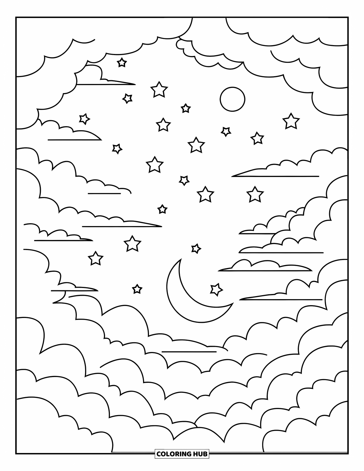 Moon And Stars Coloring Page for Kids: Moon and stars glowing in a peaceful night sky