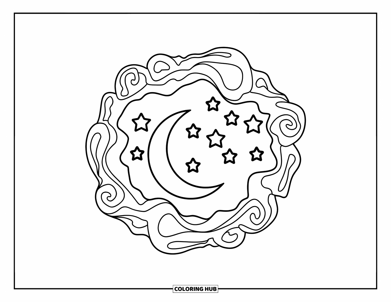 Moon And Stars Coloring Page for Kids: Moon craters glowing with five stars in swirling clouds