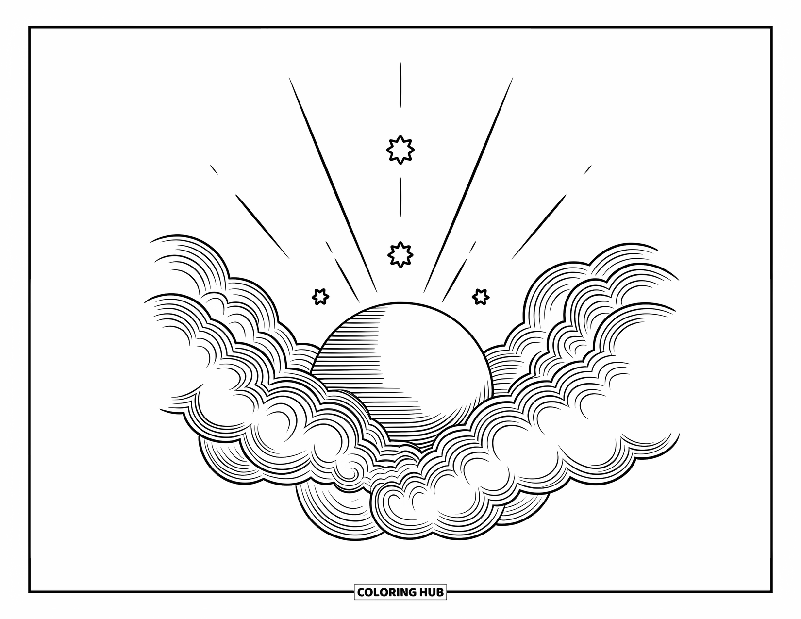 Moon And Stars Coloring Page for Kids: Moon emerging from clouds with shooting stars around