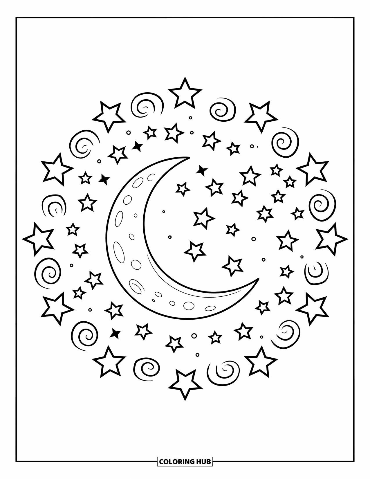 Moon And Stars Coloring Page for Kids: Moon in a starry circle with swirling patterns