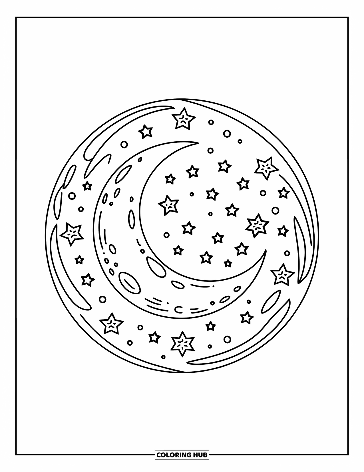 Moon And Stars Coloring Page for Kids: Moon inside swirling circle of stars and craters