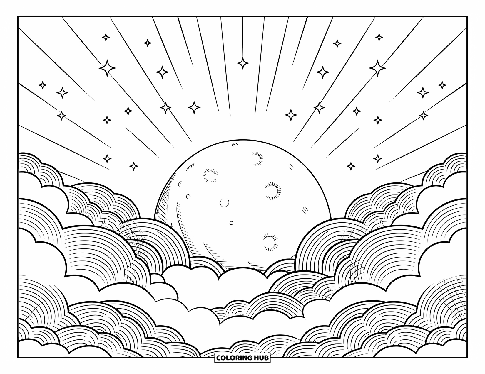 Moon And Stars Coloring Page for Kids: Moon peeking from clouds with radiant shooting stars