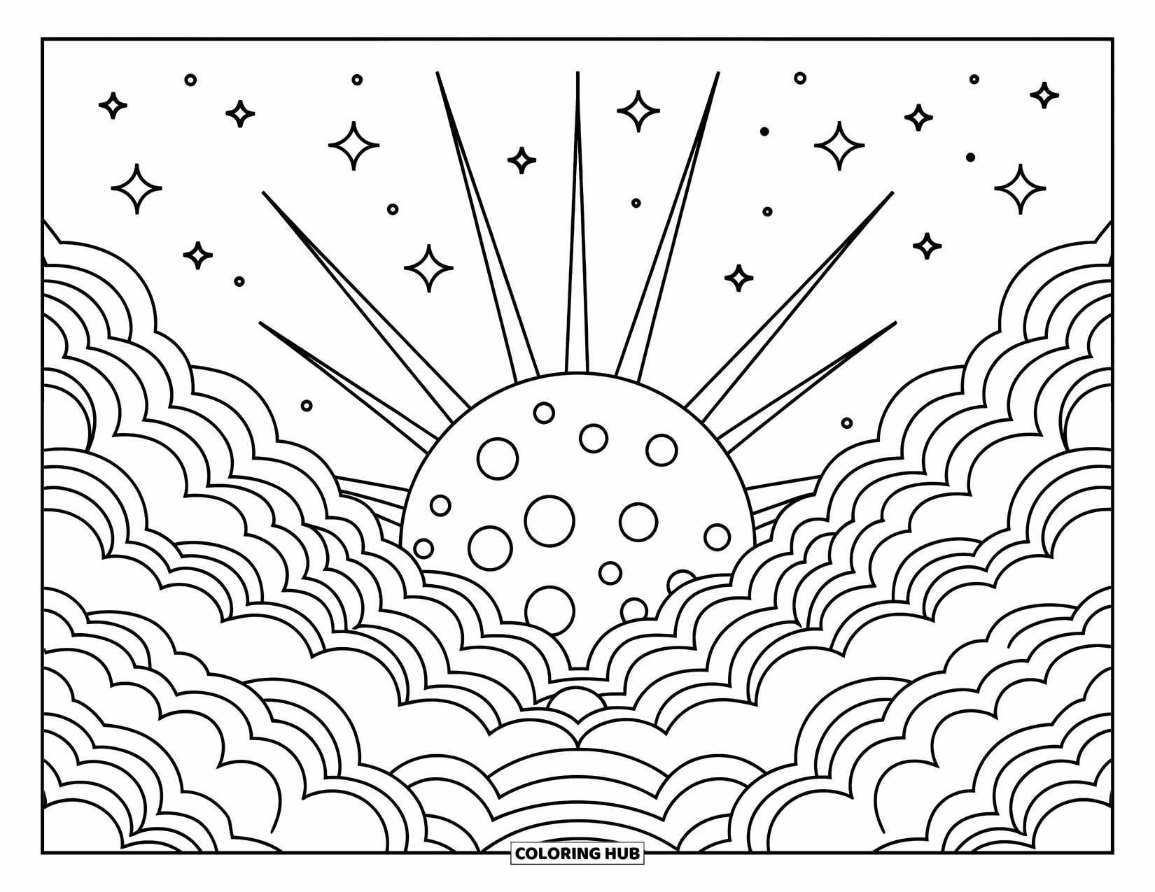 Moon And Stars Coloring Page for Kids: Moon rising from clouds as stars shoot outward