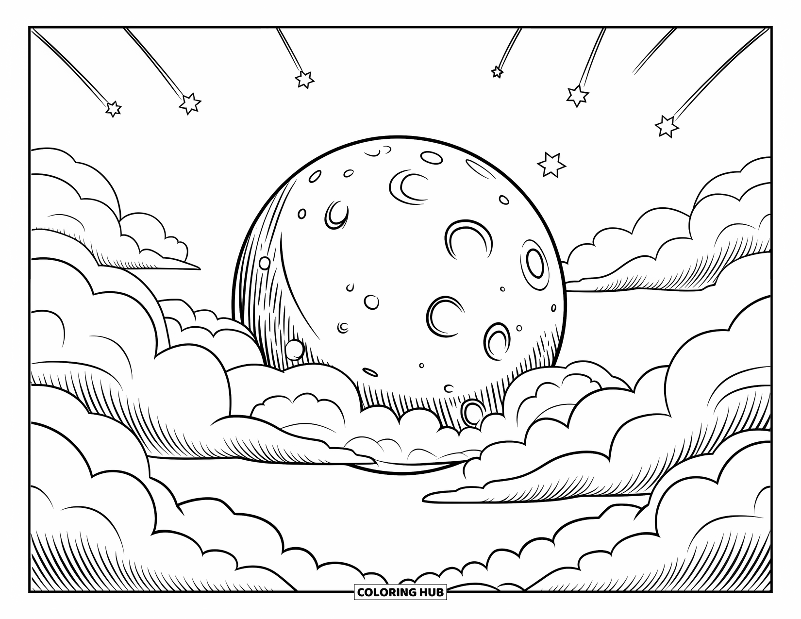 Moon And Stars Coloring Page for Kids: Moon with craters glowing among clouds and stars