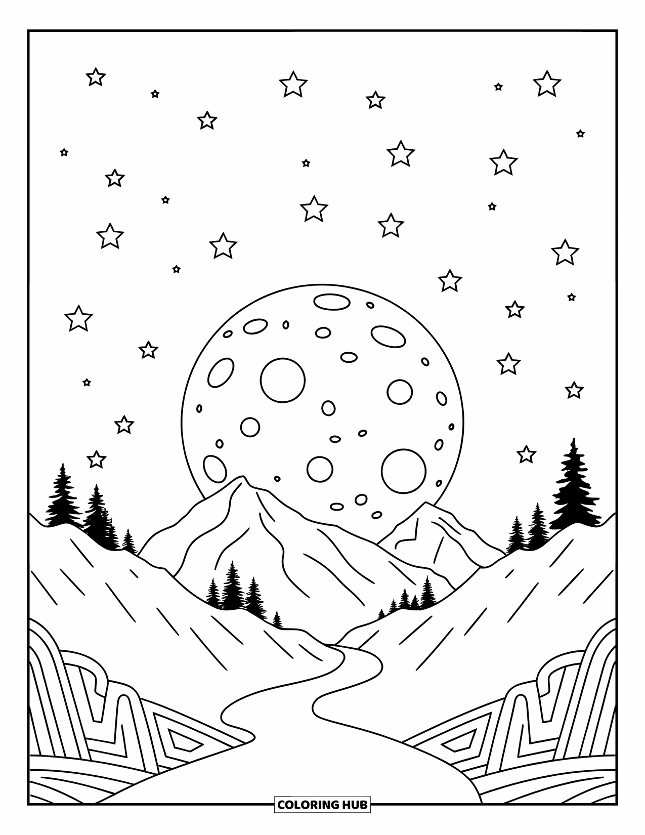Moon And Stars Coloring Page for Kids: Moon with craters shining over starry mountain peaks