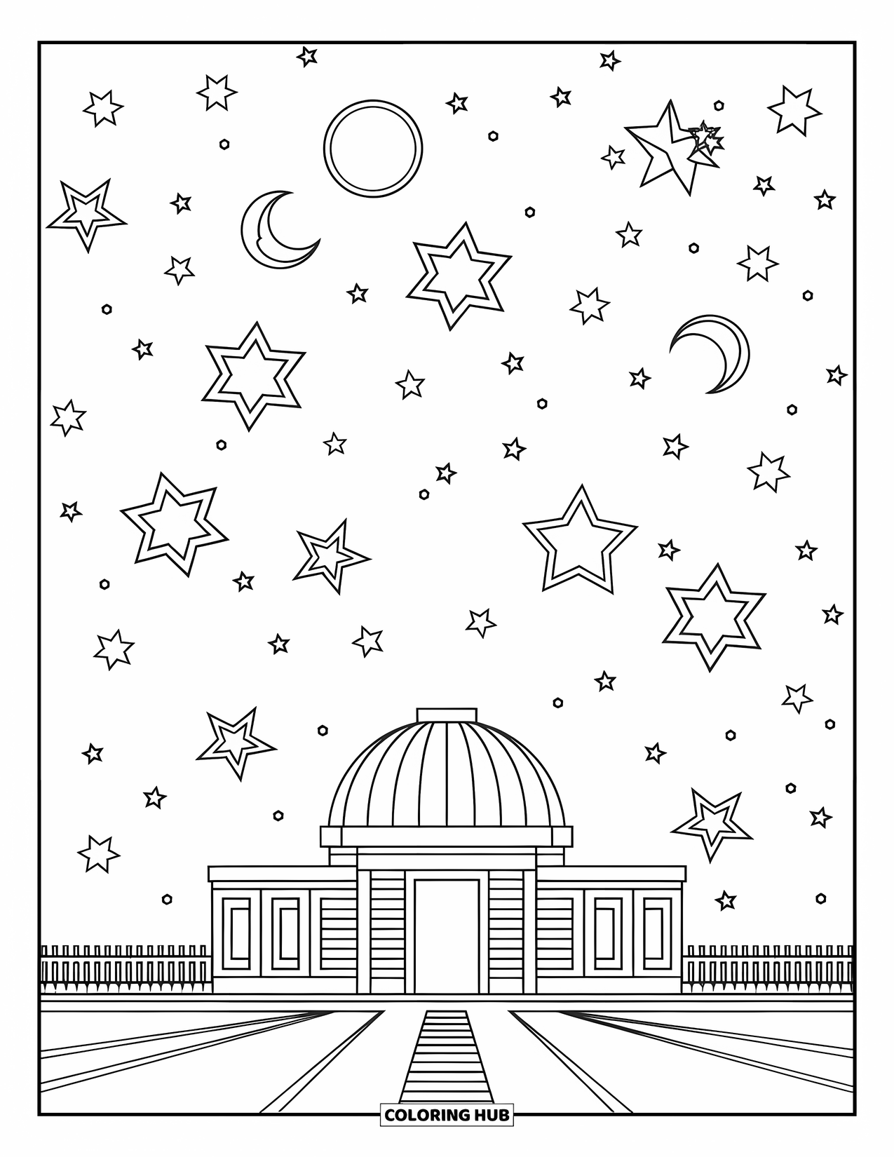 Moon And Stars Coloring Page for Kids: Observatory dome under stars and a crescent moon