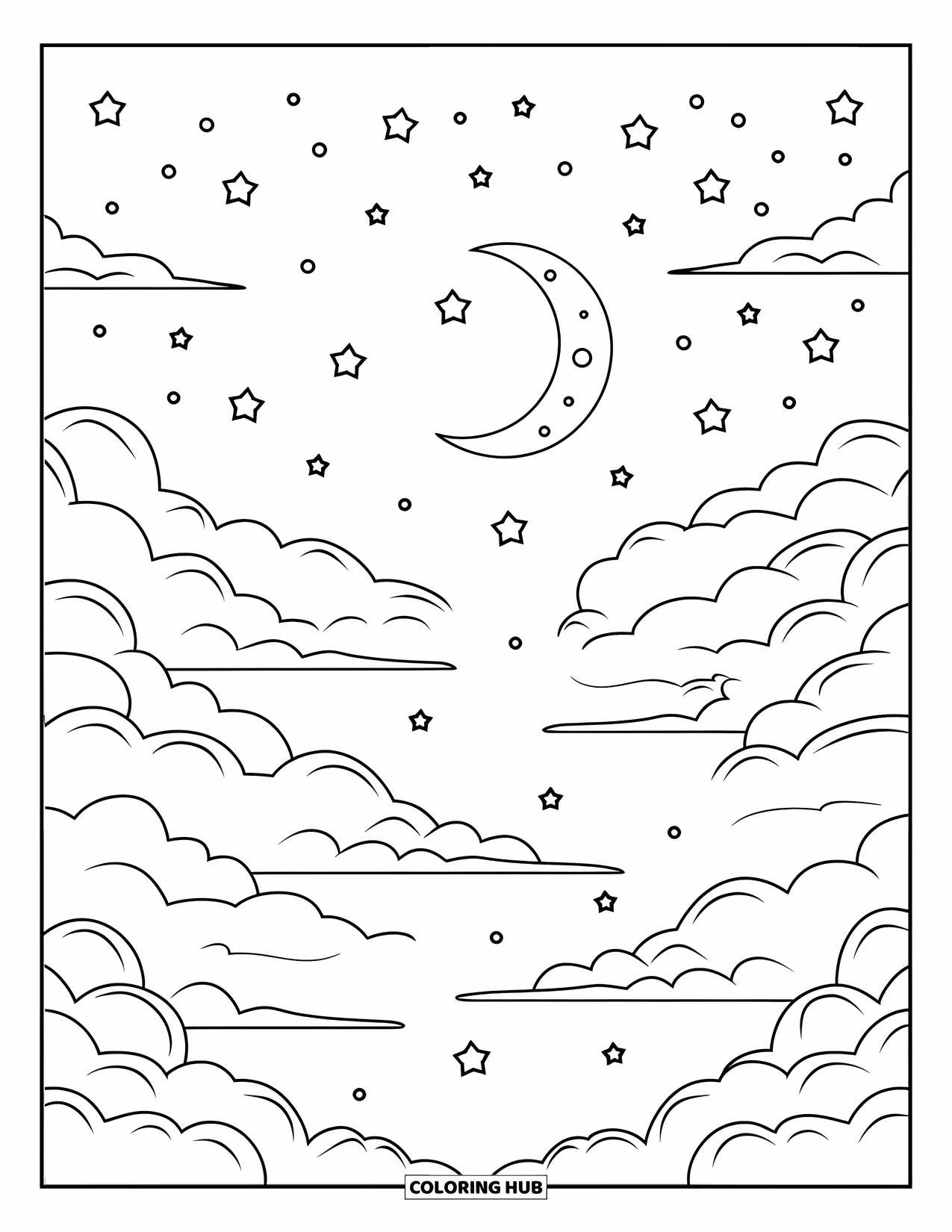 Moon And Stars Coloring Page for Kids: Peaceful night sky with stars, clouds, and crescent moon