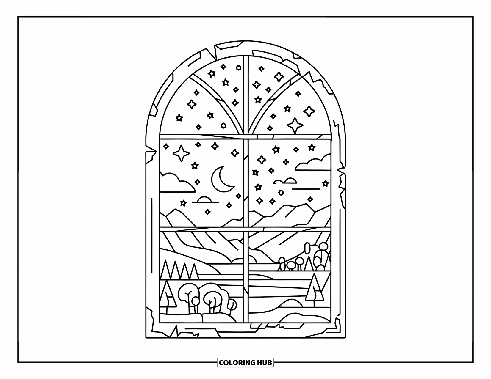 Moon And Stars Coloring Page for Kids: Rustic window view of a crescent moon and distant village
