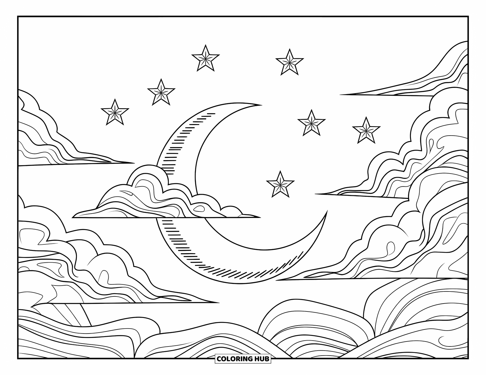 Moon And Stars Coloring Page for Kids: Swirling clouds surround a crescent moon and stars