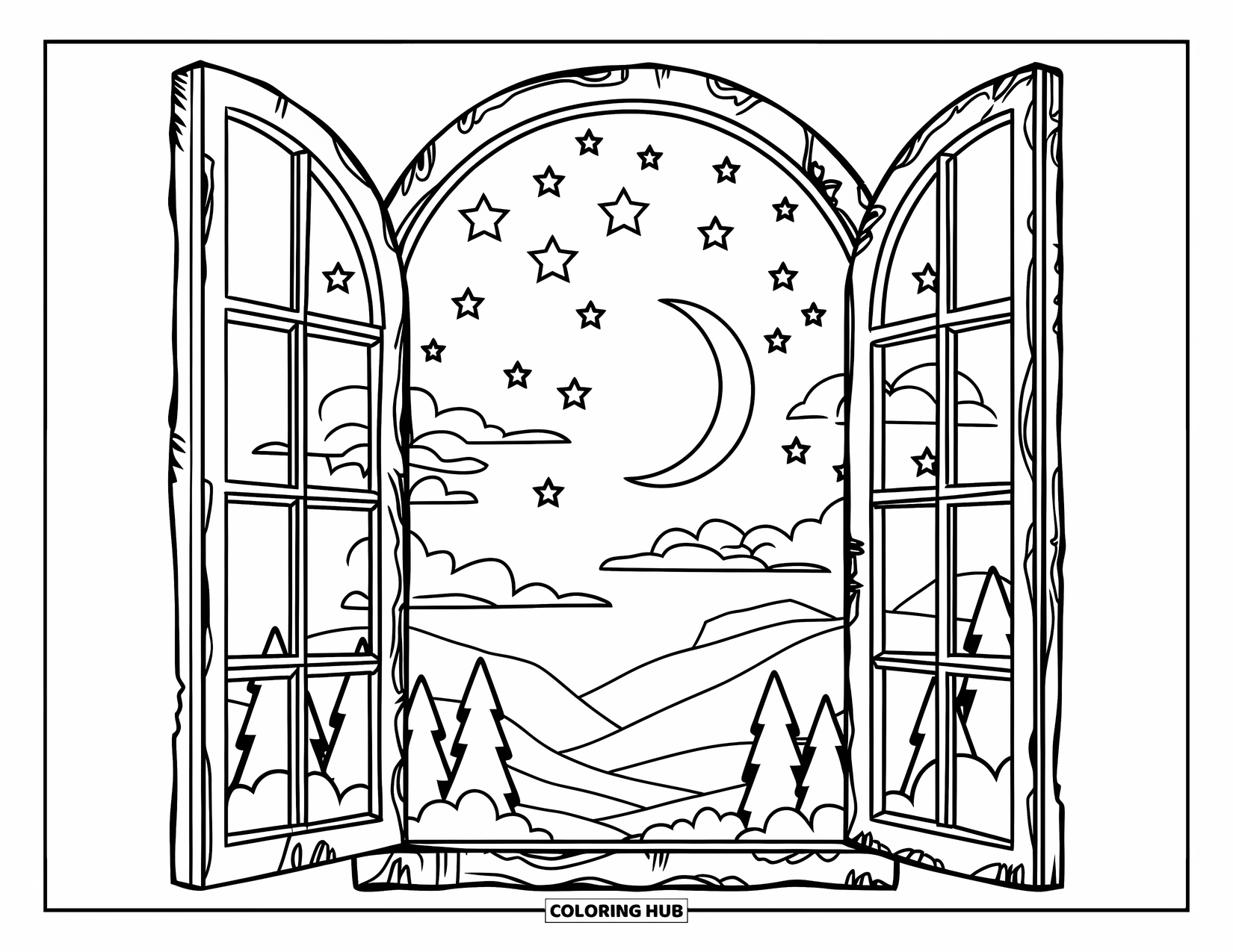 Moon And Stars Coloring Page for Kids: Window view of a crescent moon and starry night sky