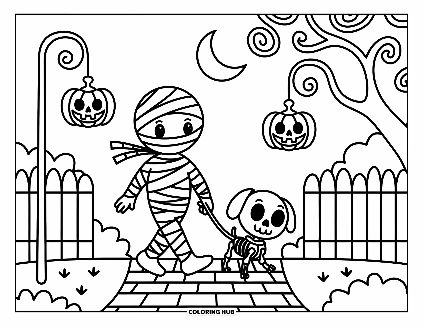 Mummy Coloring Page for Adults: A cheerful mummy walks a skeleton dog under glowing lamps and swirly tree branches