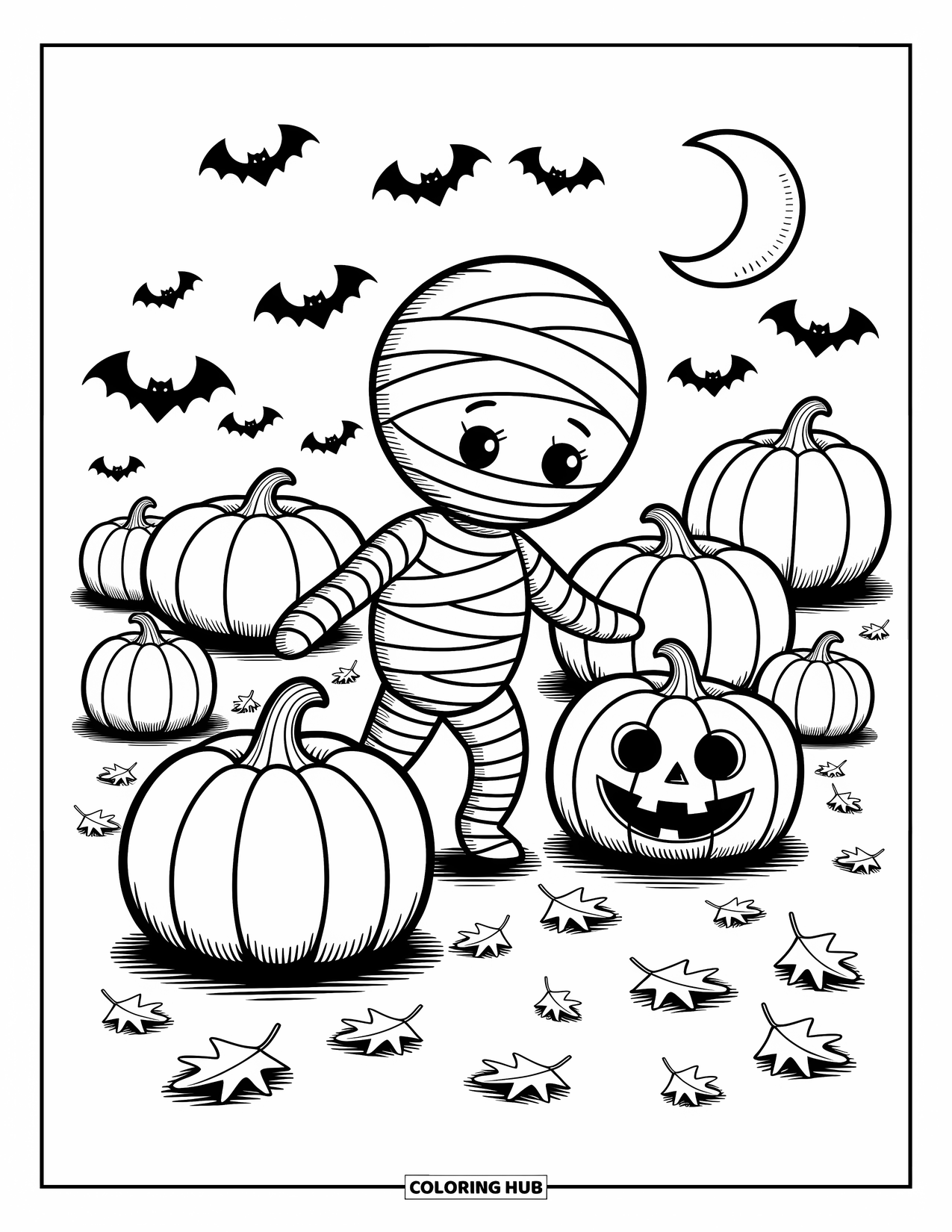 Mummy Coloring Page for Adults: A curious mummy walks through pumpkins and leaves under a crescent moon and soft stars
