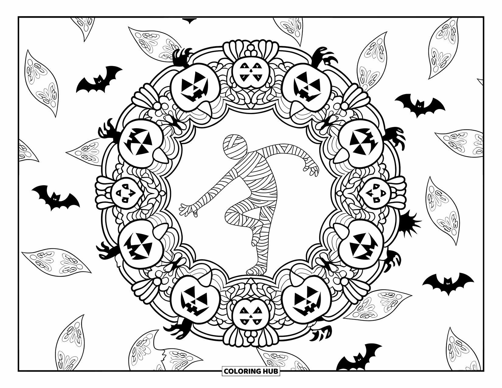 Mummy Coloring Page for Adults: A dancing mummy is framed by jack-o'-lanterns and ravens in a circular mandala
