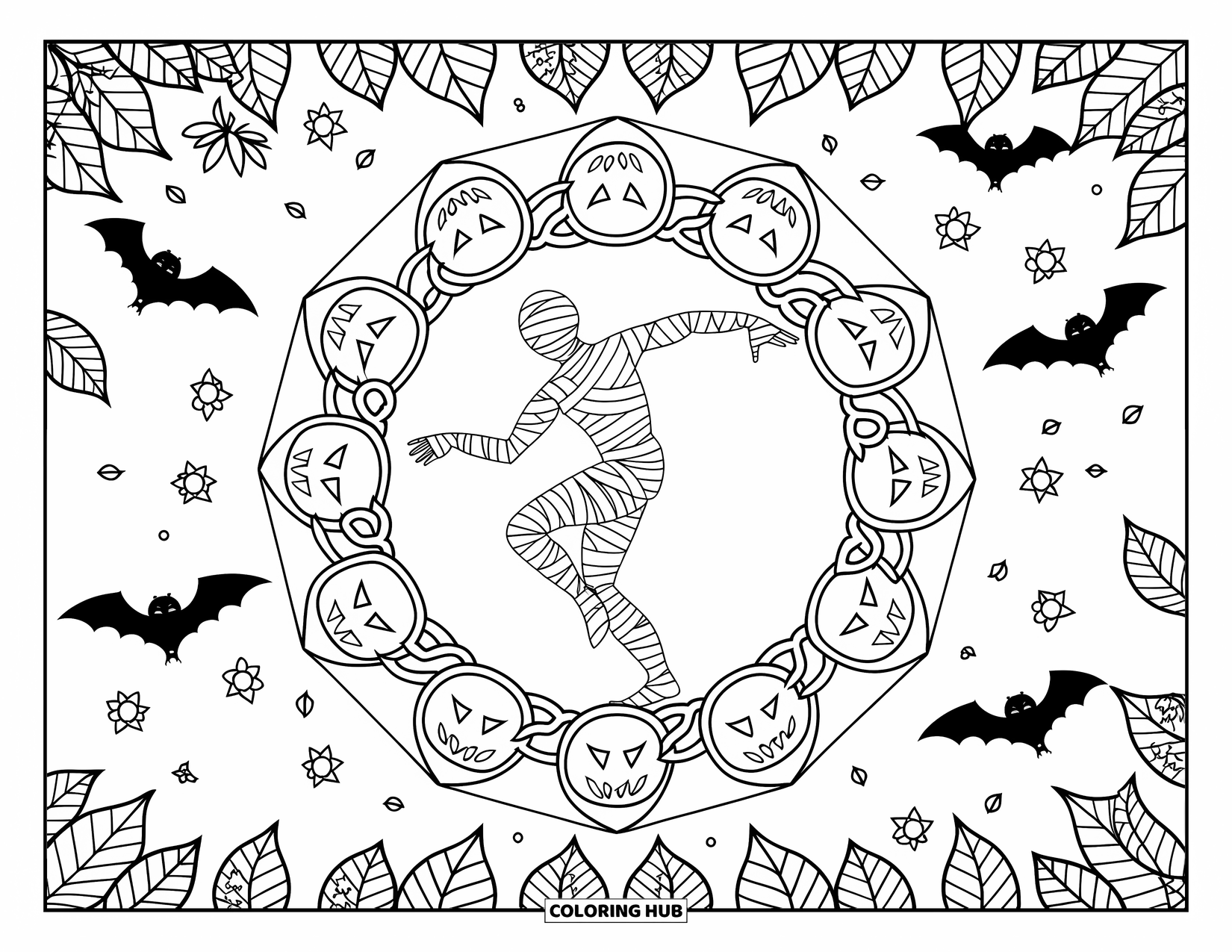 Mummy Coloring Page for Adults: A dancing mummy poses in a mandala surrounded by leaves, flowers, and jack-o'-lanterns