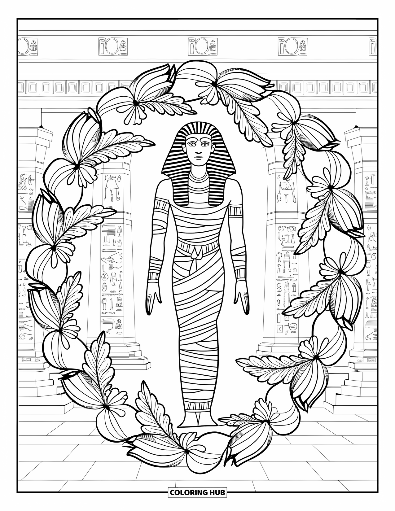 Mummy Coloring Page for Adults: A mummy covered in hieroglyphics stands in a floral mandala near a temple
