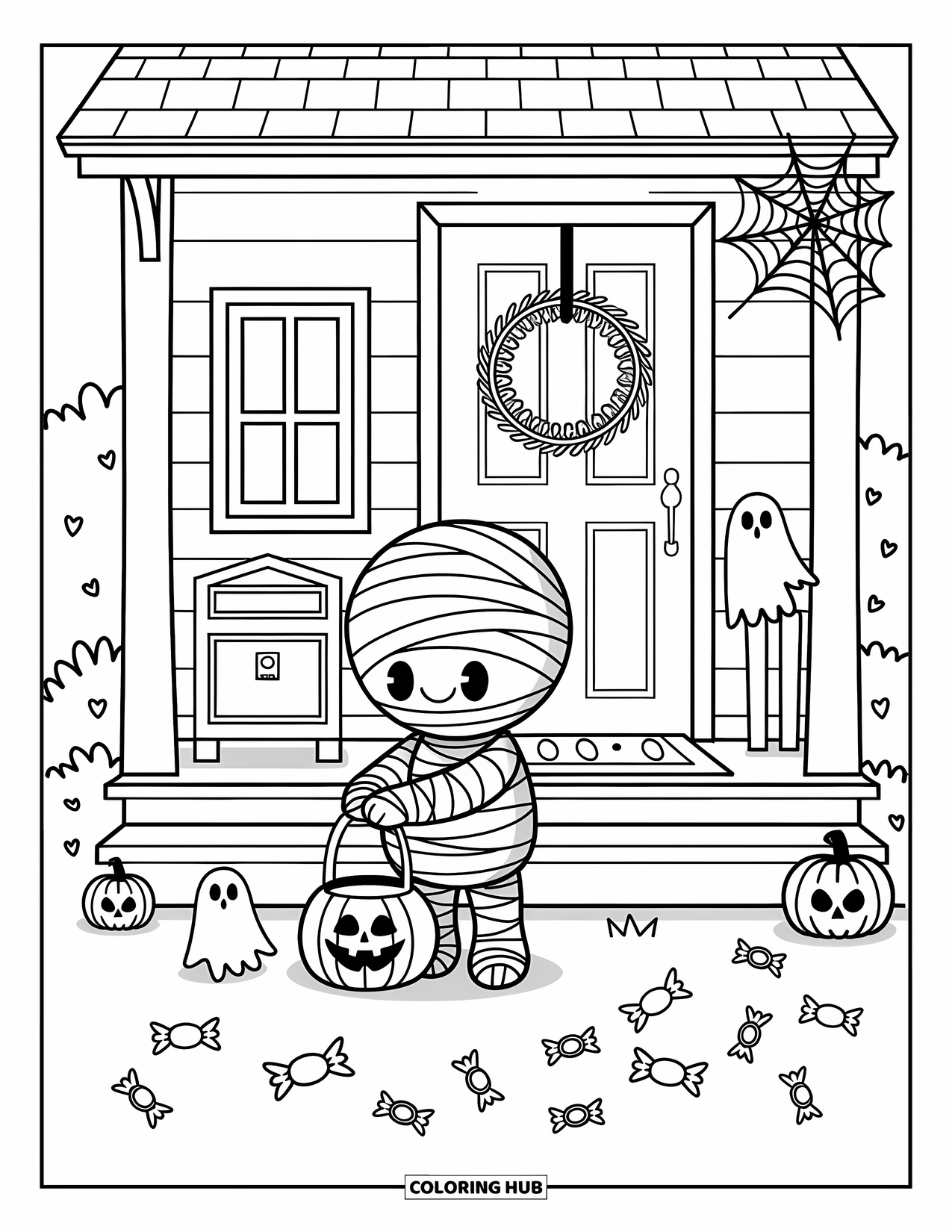 Mummy Coloring Page for Adults: A mummy holds a Halloween pail on a porch with candy and floating ghost nearby