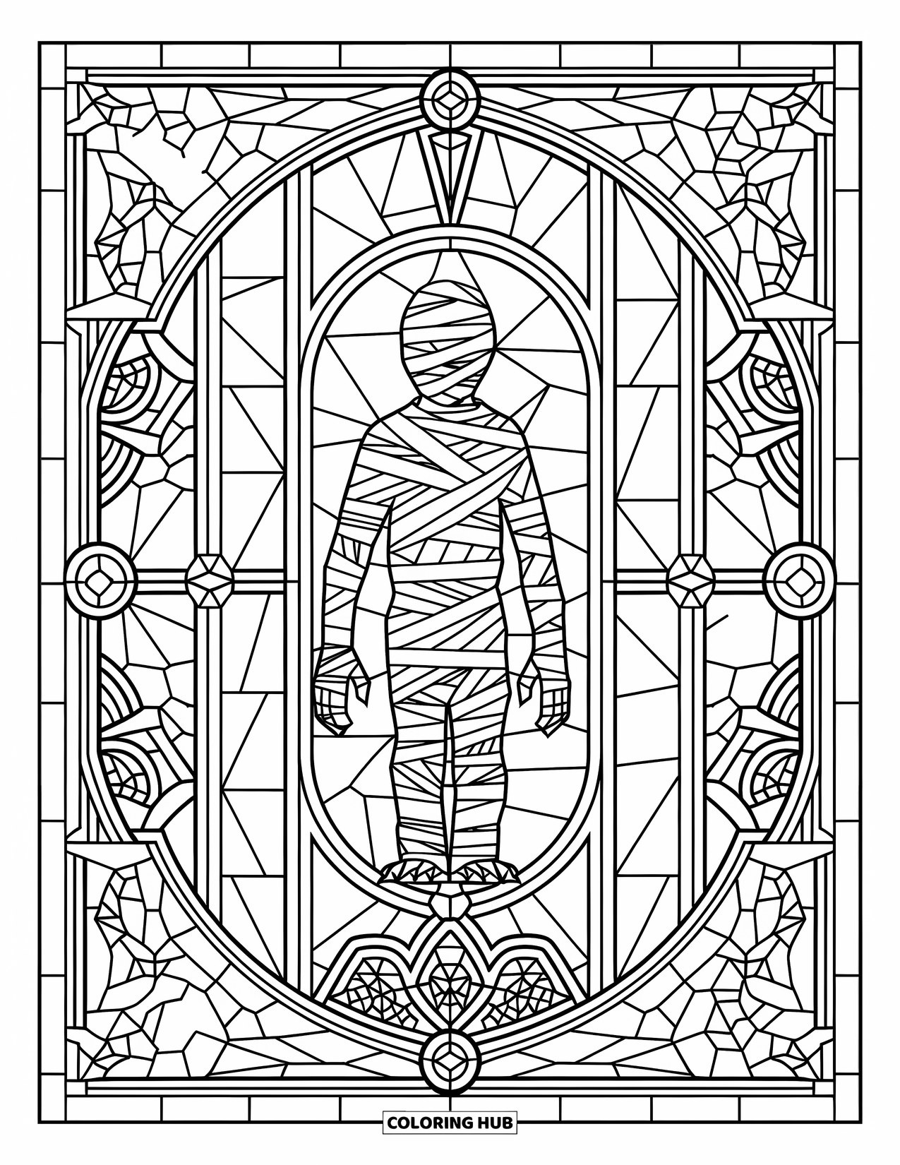 Mummy Coloring Page for Adults: A mummy is centered in a stained glass window with a haunted castle and spooky motifs