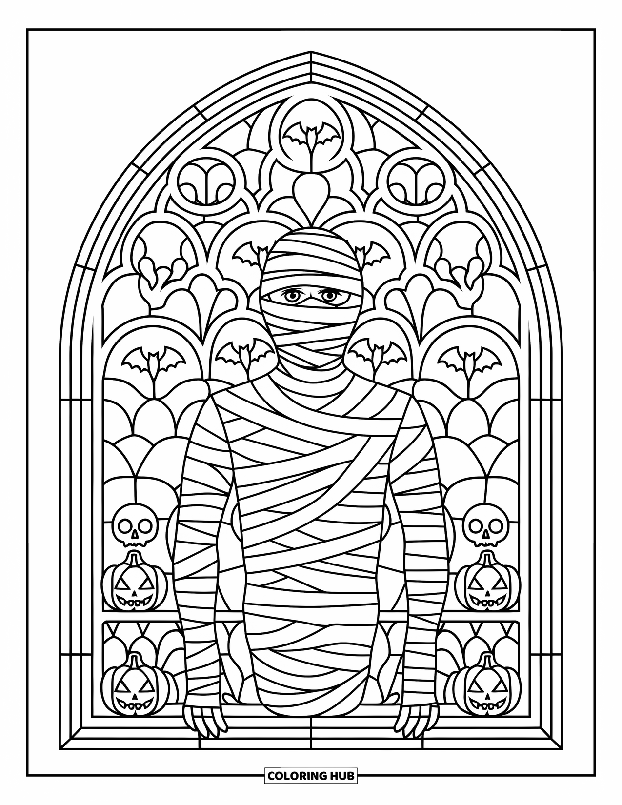 Mummy Coloring Page for Adults: A mummy stands inside a Gothic stained glass frame filled with pumpkins, skulls, and bats