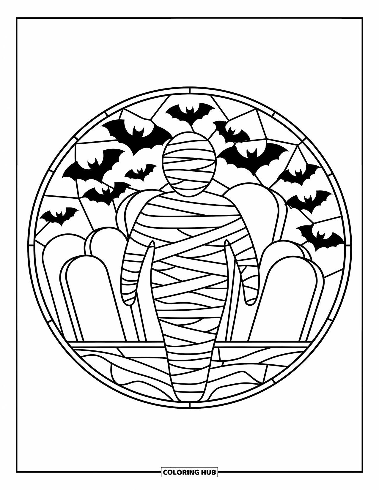 Mummy Coloring Page for Adults: A mummy stands inside a stained glass circle filled with bats and tombstones