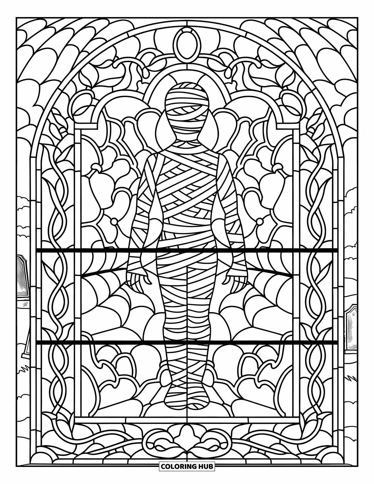 Mummy Coloring Page for Adults: A mummy stands inside a stained glass window with vines, leaves, and graveyard tombstones