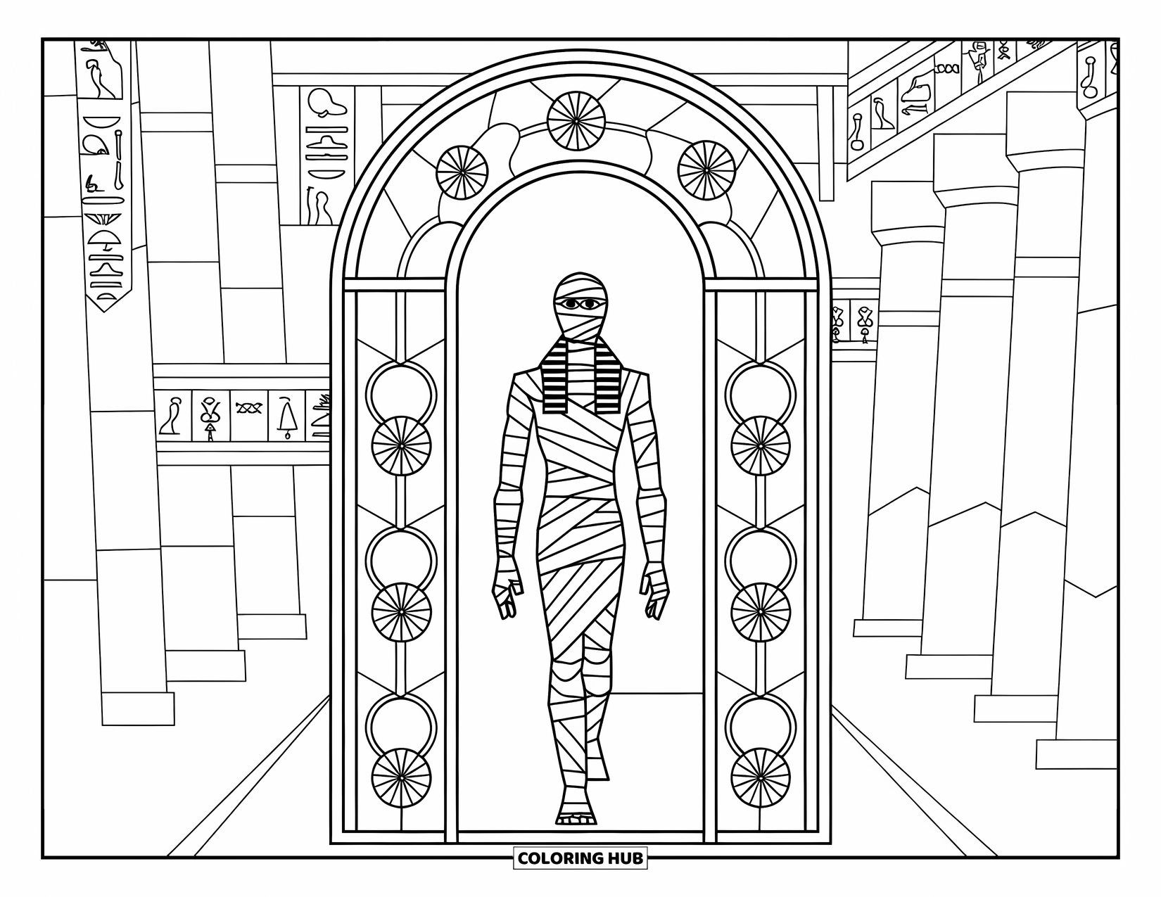 Mummy Coloring Page for Adults: A mummy walks through a colorful doorway framed by ancient columns and Egyptian symbols