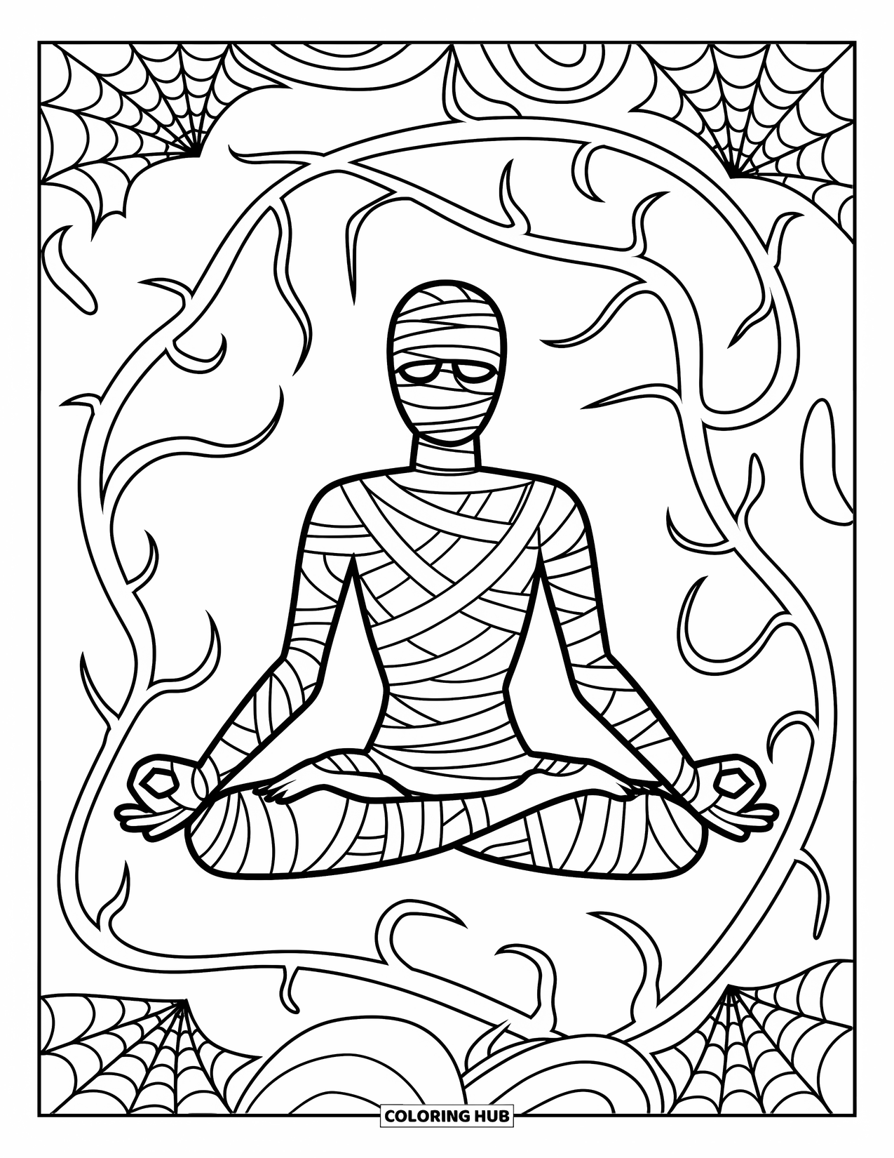 Mummy Coloring Page for Adults: A seated mummy meditates inside a twisty vine and cobweb pattern on a white background