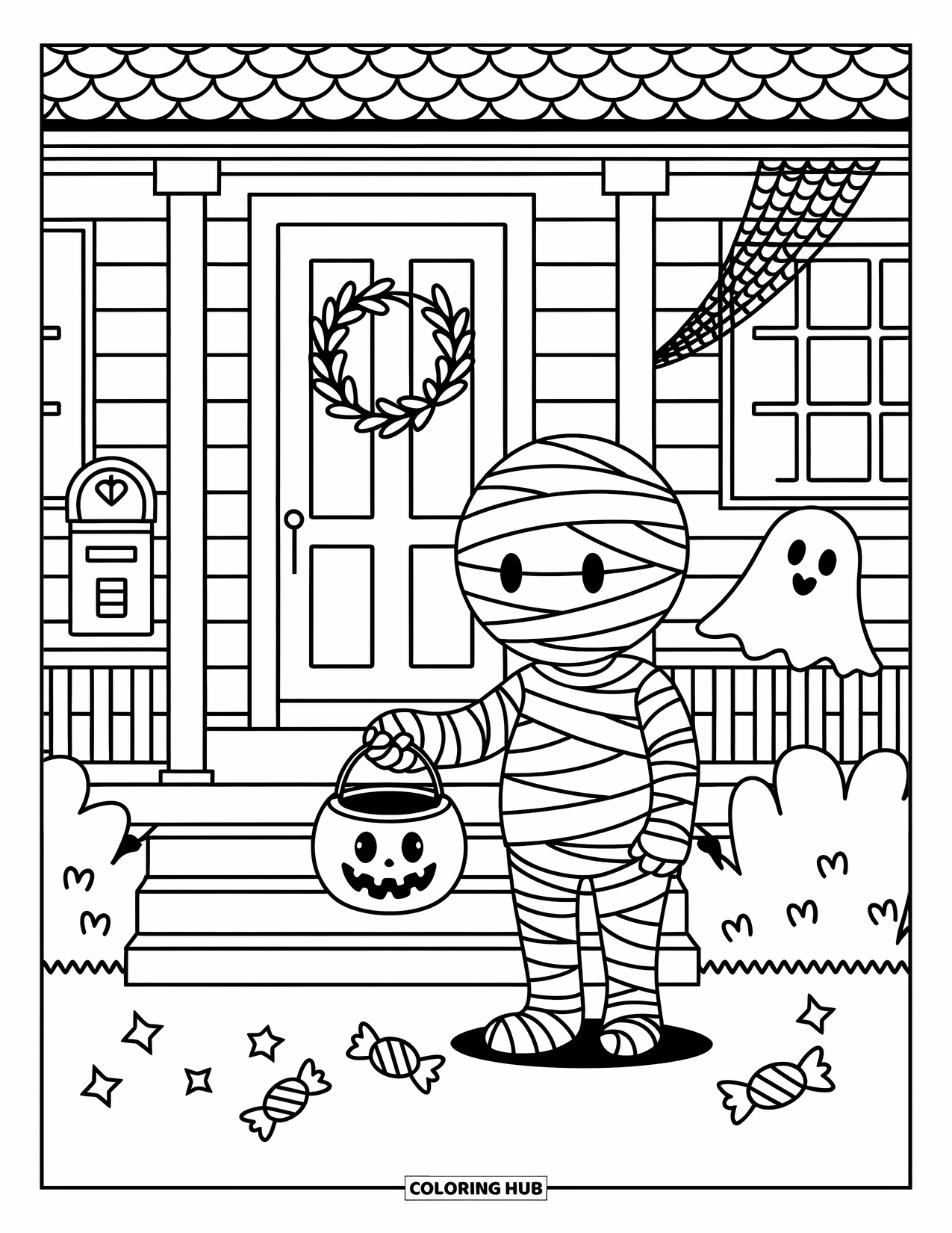 Mummy Coloring Page for Adults: A smiling mummy holds a bat bucket near candy, a ghost, and hanging cobwebs
