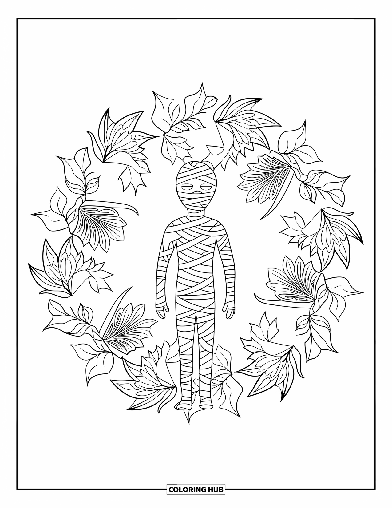 Mummy Coloring Page for Adults: A standing mummy with closed eyes is surrounded by spider lilies and autumn leaves
