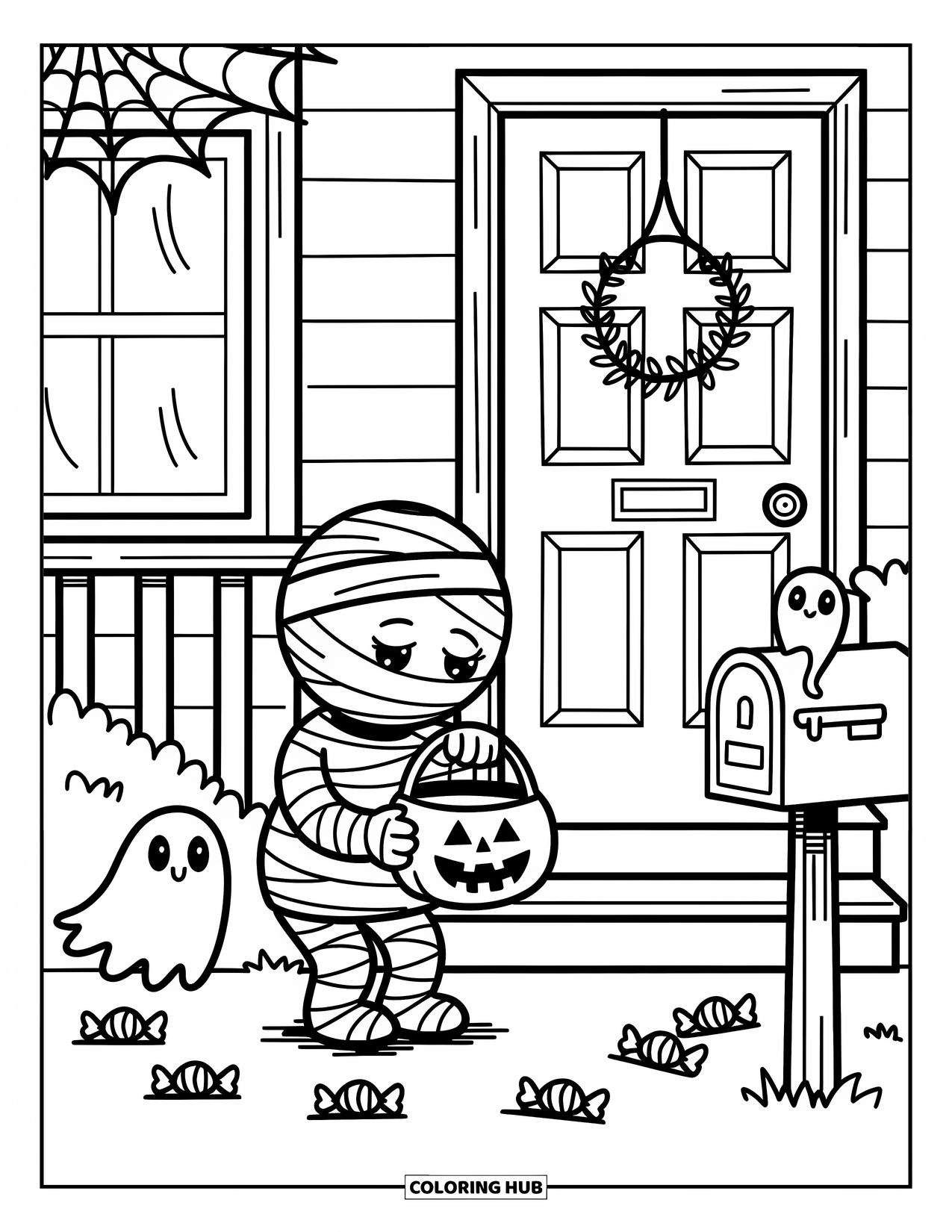 Mummy Coloring Page for Adults: The mummy stands on a porch with a bat bucket, candy, and a friendly ghost
