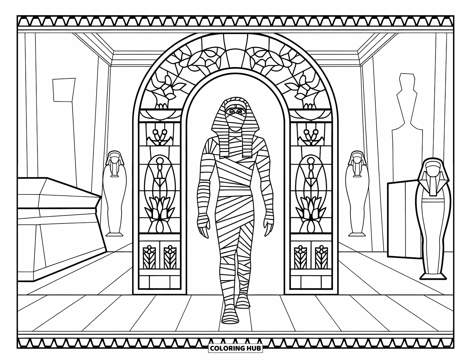 Mummy Coloring Page for Adults: The mummy steps into a statue-filled room through a floral stained glass doorway