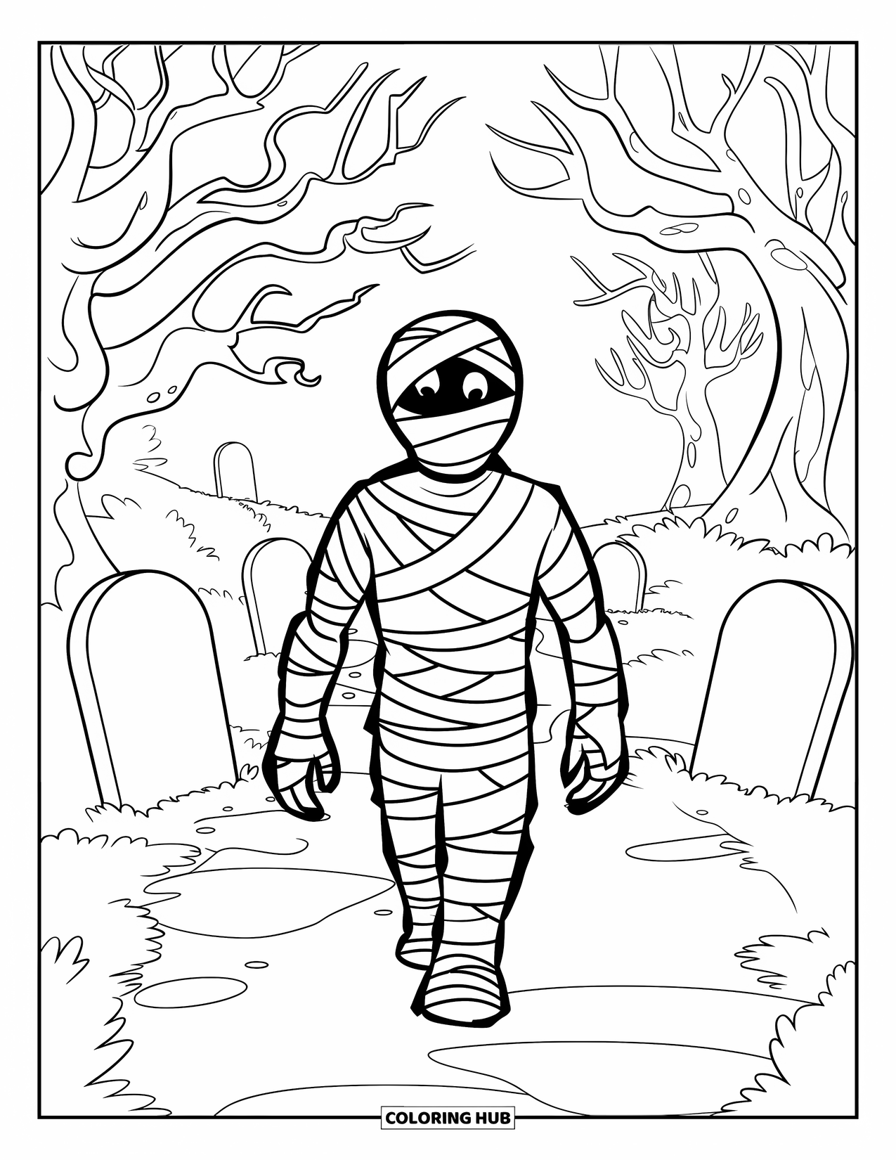 Mummy Coloring Page for Kids: A bandaged mummy walks along a graveyard path lined with stone tombstones