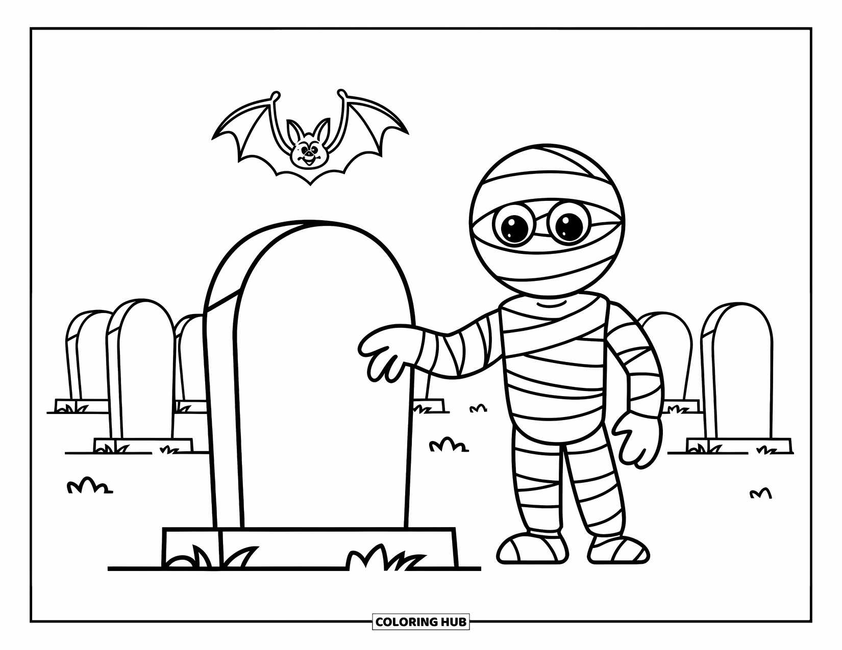 Mummy Coloring Page for Kids: A cheerful mummy and a tombstone sit under a flying bat in a quiet cemetery