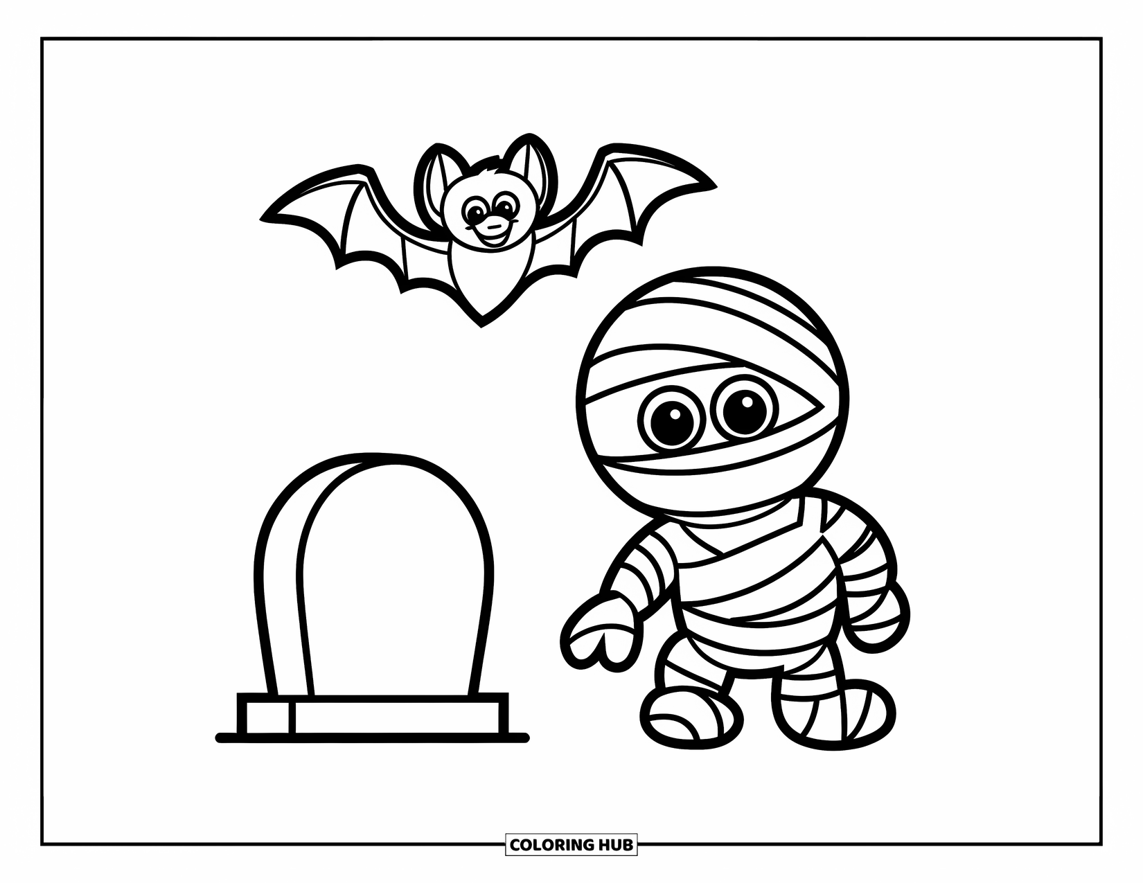 Mummy Coloring Page for Kids: A cheerful mummy stands beside a single tombstone as a bat flies overhead