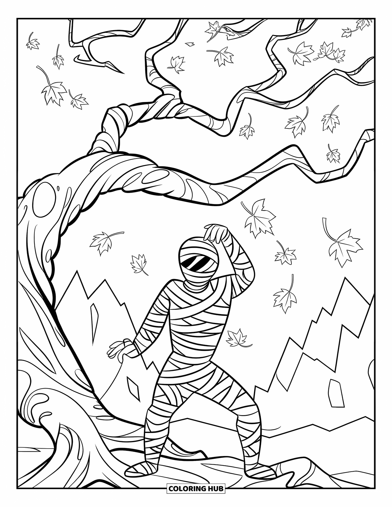 Mummy Coloring Page for Kids: A crowned mummy stands beneath a twisting tree surrounded by falling autumn leaves