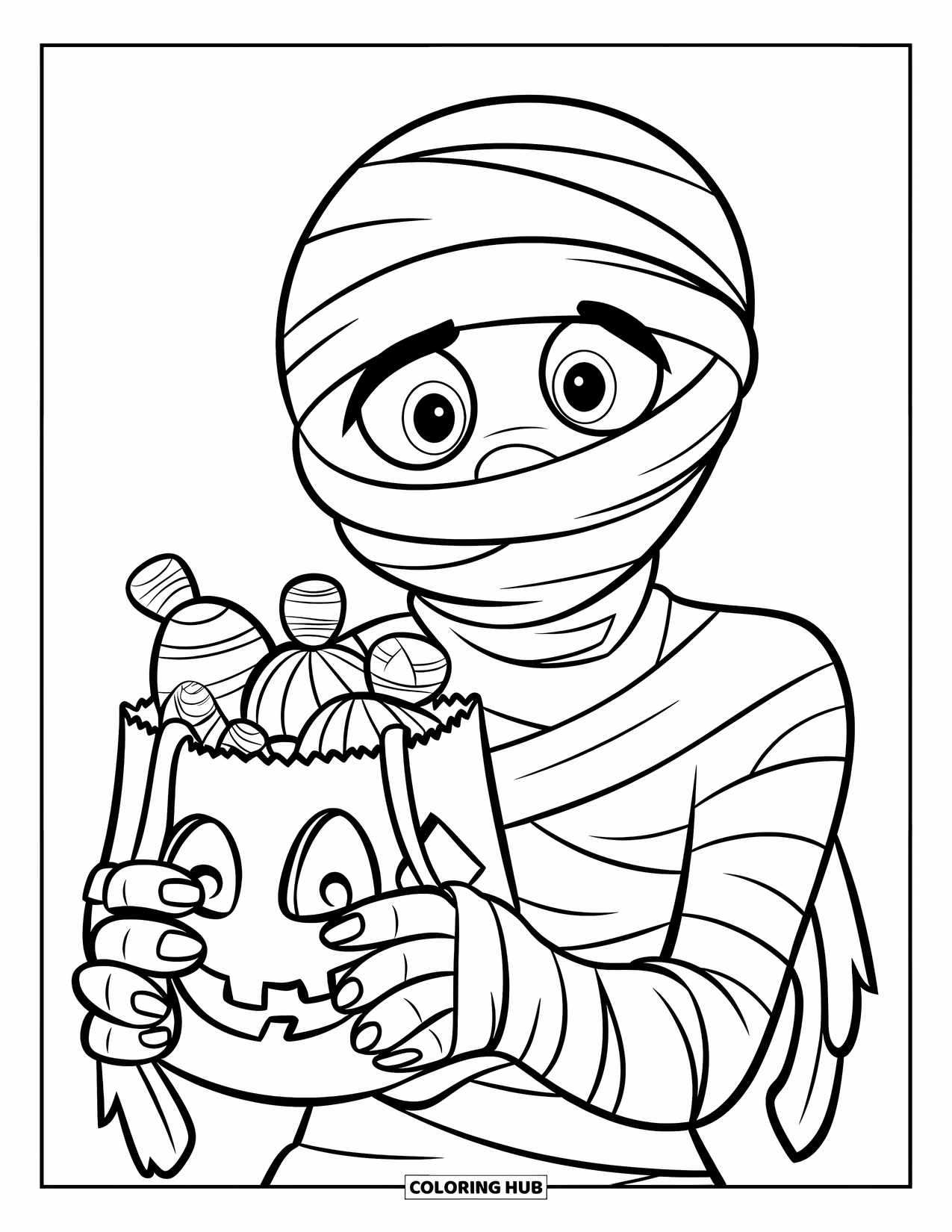 Mummy Coloring Page for Kids: A happy mummy stands proudly beside a bag overflowing with sweets