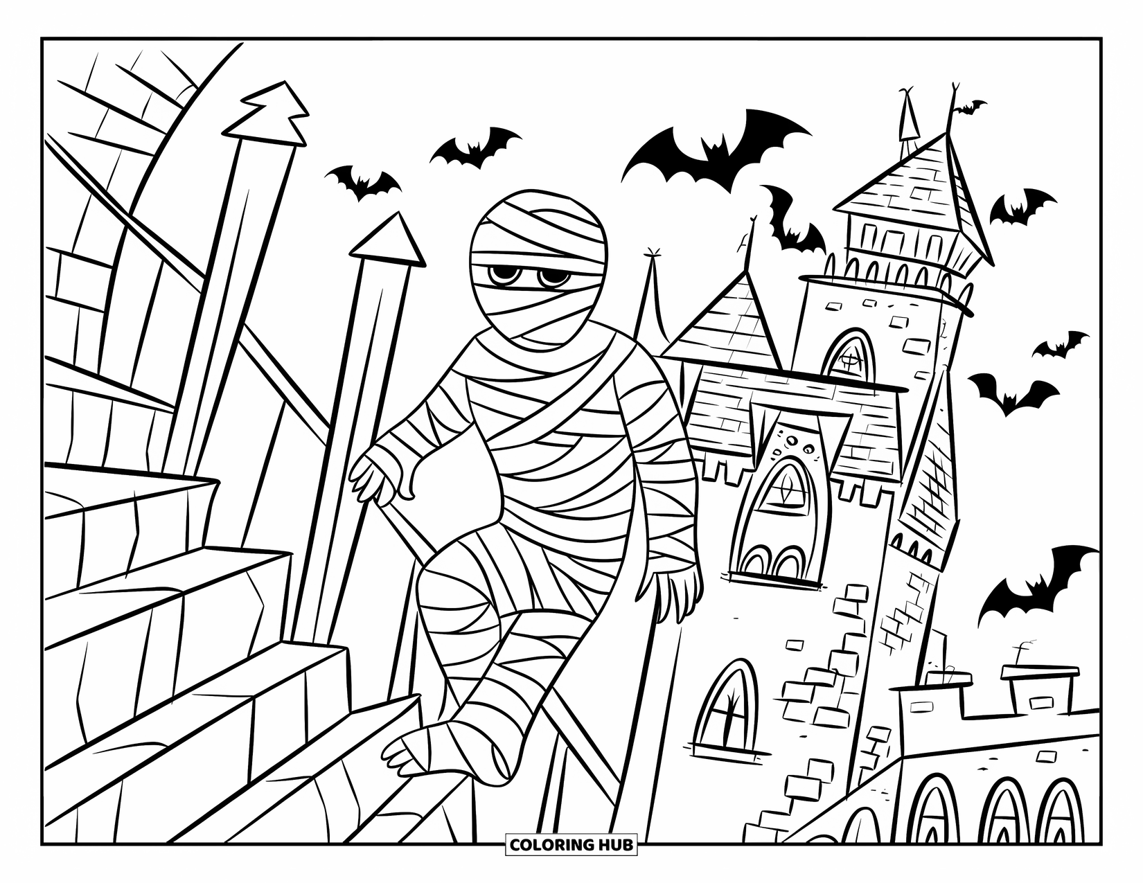 Mummy Coloring Page for Kids: A mummy climbs spooky castle stairs under a cloudy, moonlit sky