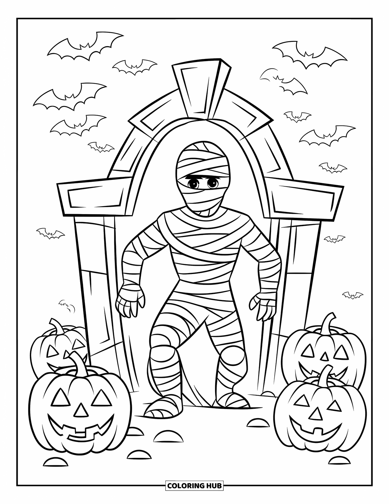 Mummy Coloring Page for Kids: A mummy comes out of a stone tomb with pumpkins and bats all around