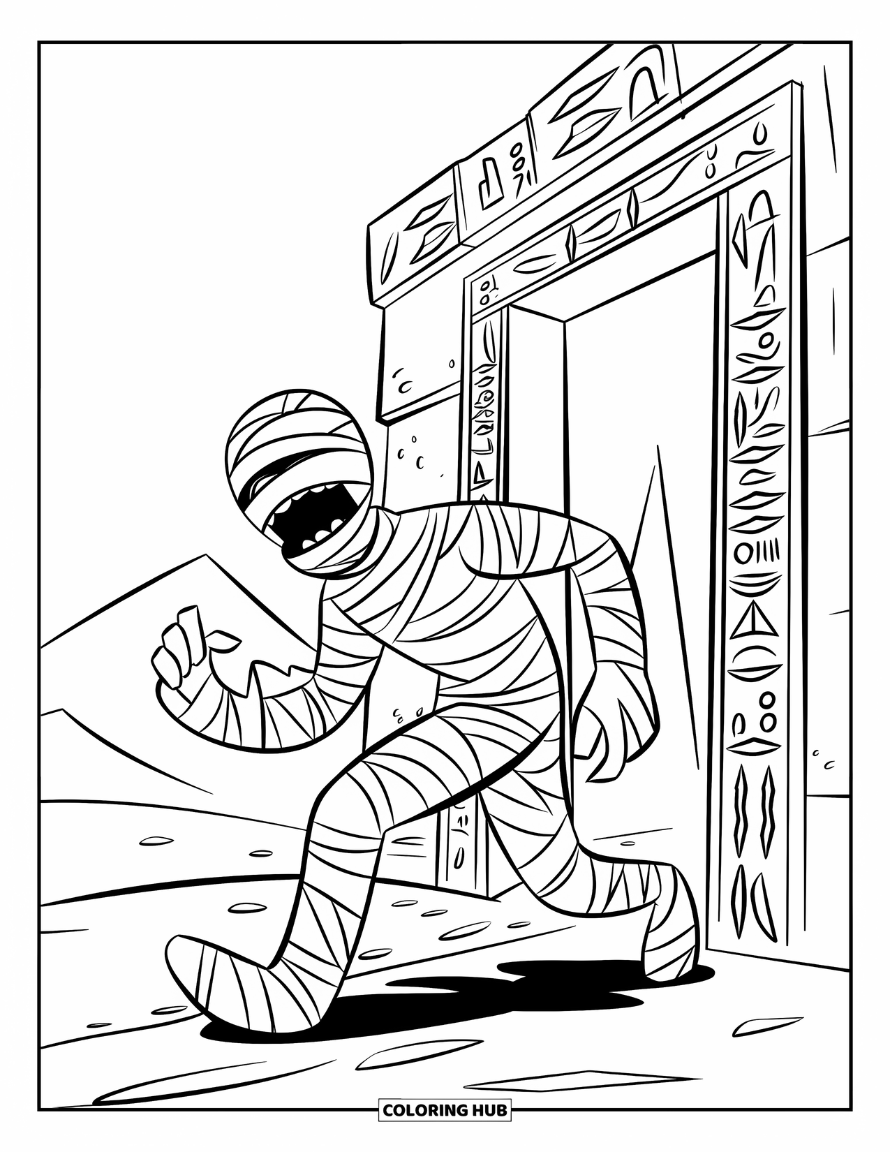 Mummy Coloring Page for Kids: A mummy escapes from a tomb with bandages trailing behind across a desert scene