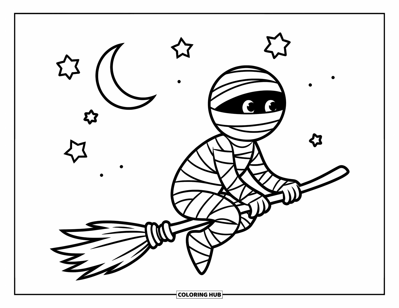 Mummy Coloring Page for Kids: A mummy flies on a broomstick under stars and a crescent moon