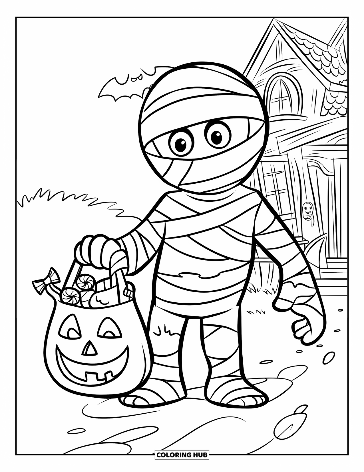 Mummy Coloring Page for Kids: A mummy holds a candy-filled bag in front of a spooky haunted house