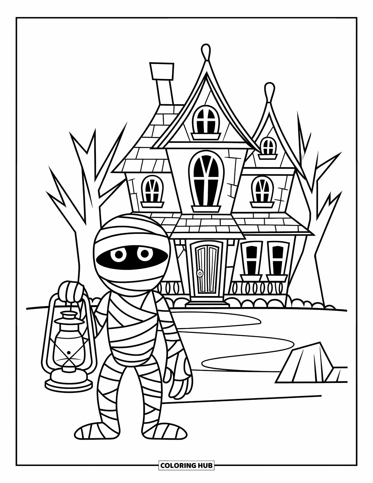 Mummy Coloring Page for Kids: A mummy holds a lantern outside a spooky house with a pointed roof and pumpkins